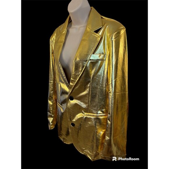 Gold Metallic Shiny Mens Blazer Suit Jacket 2 Button Sport Coat Large Prom New - Picture 4 of 11